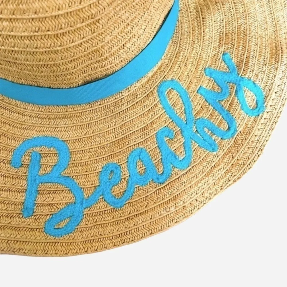 Accessory Depot Wide Brim Floppy Straw Beachy Embroidered Vacation Sun Hat NWT